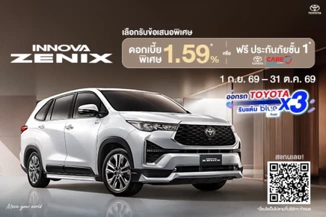 โปรโมชั่น Toyota Innova Zenix ดอกเบี้ย 1.59% หรือฟรีประกันภัยชั้น 1